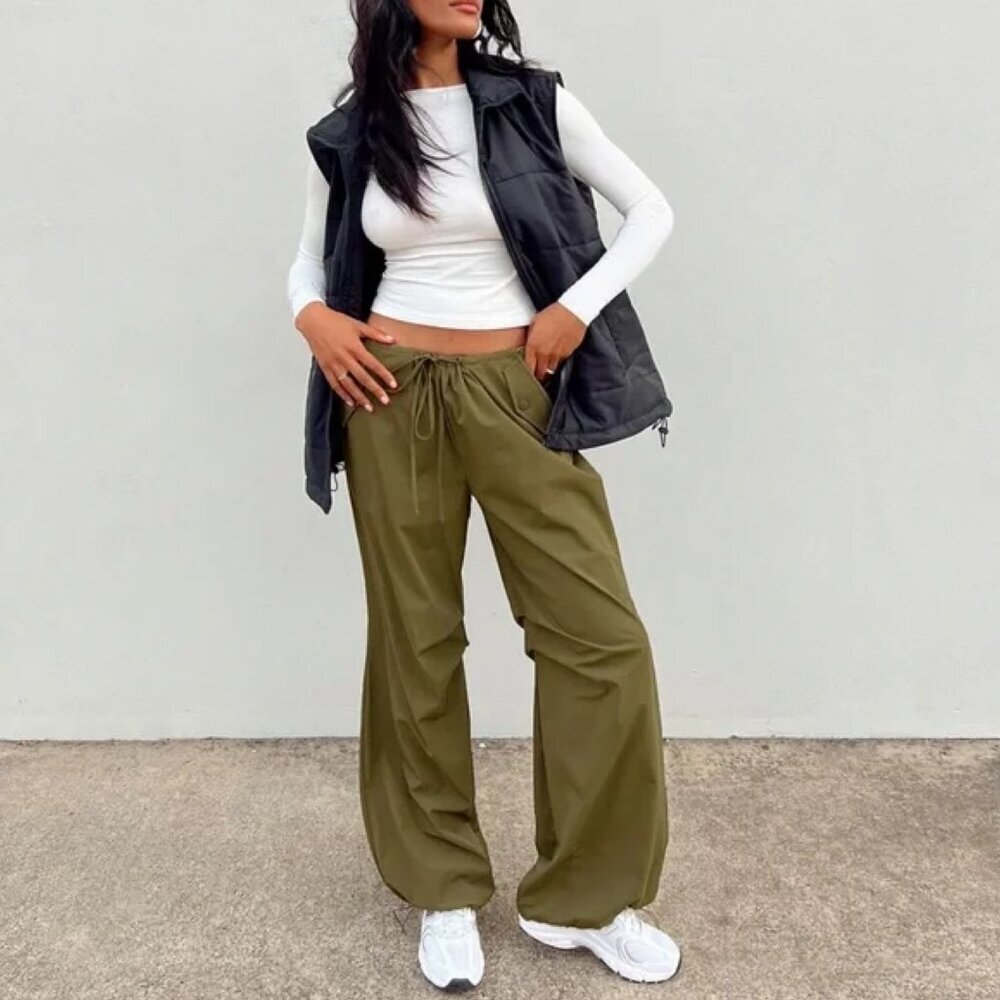 Princess Polly Green Khaki Drawstring Ankle Somers Parachute Pants